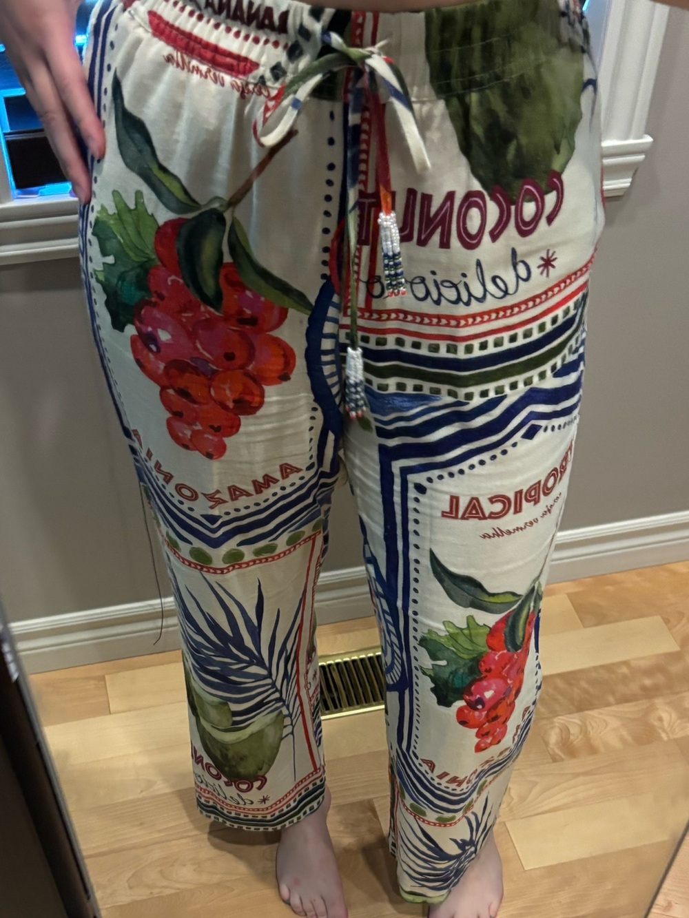 Rachel Zoe White Multi Botanical Print Drawstring Wide-Leg Pants